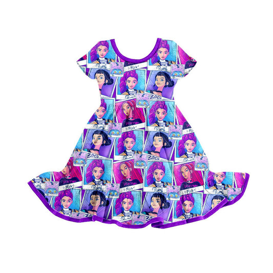 Preorder(moq 5) Baby Girls Short Sleeve Cartoon Girls Ruffle Knee Length Dresses