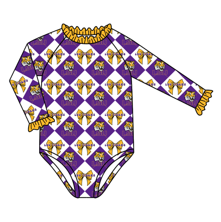 Preorder (moq 5)Baby Girls Long Sleeve LSU Tigers Bows Team Ruffle Rompers