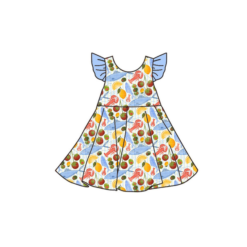 Preorder(moq 5) Baby Girls Flutter Sleeve Crayfishes Fishes Knee Length Dresses