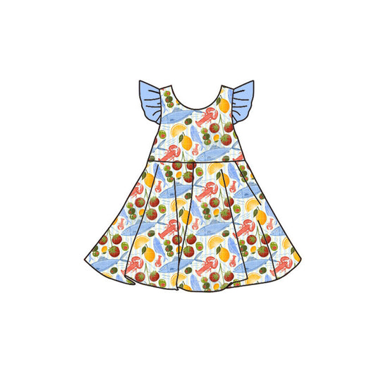 Preorder(moq 5) Baby Girls Flutter Sleeve Crayfishes Fishes Knee Length Dresses
