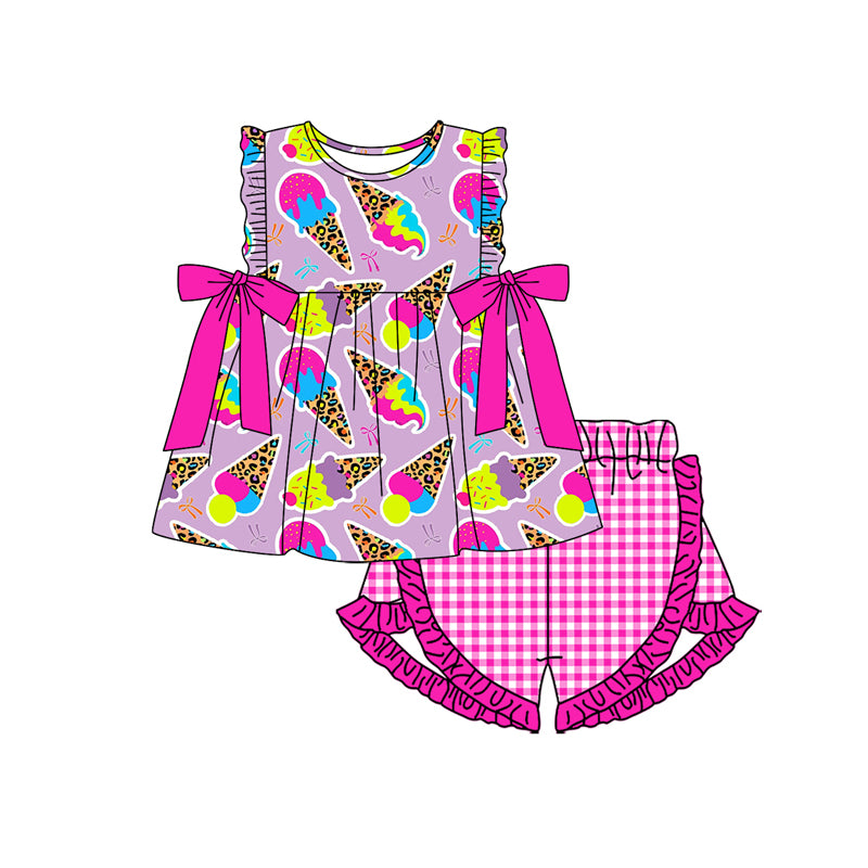 Preorder moq 5 Baby Girls Sleeveless Bows Ice-cream Bows Tunic Pink Plaid Ruffle Short Set
