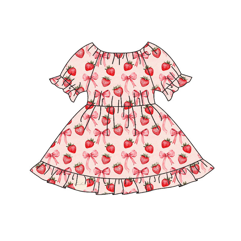 Preorder(moq 8)Baby Girls Red Bows Strawberry Ruffle Knee Length Dresses