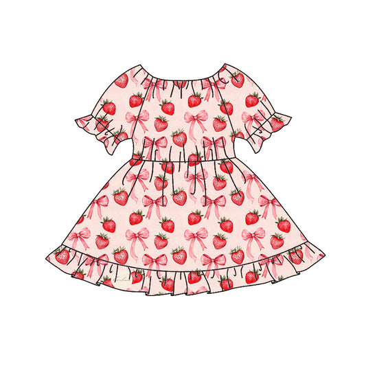 Preorder(moq 8)Baby Girls Red Bows Strawberry Ruffle Knee Length Dresses