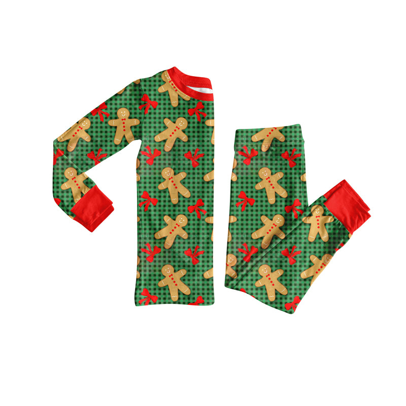 Preorder (moq 5)Baby Girls Green Checked Bows Gingerbread Top Pants Christmas Pajamas Set