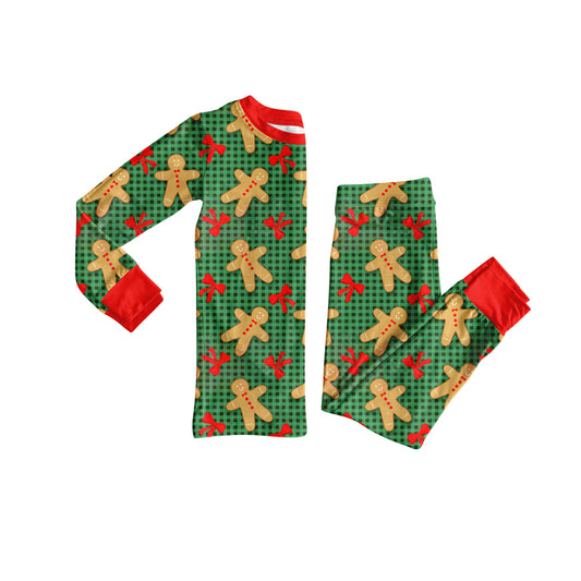 Preorder (moq 5)Baby Girls Green Checked Bows Gingerbread Top Pants Christmas Pajamas Set