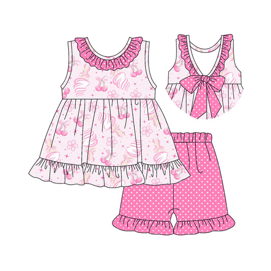 Preorder (moq 5)Baby Girls Bows Flowers Tunic Pink Polka Dots Ruffle Shorts Clothes Sets