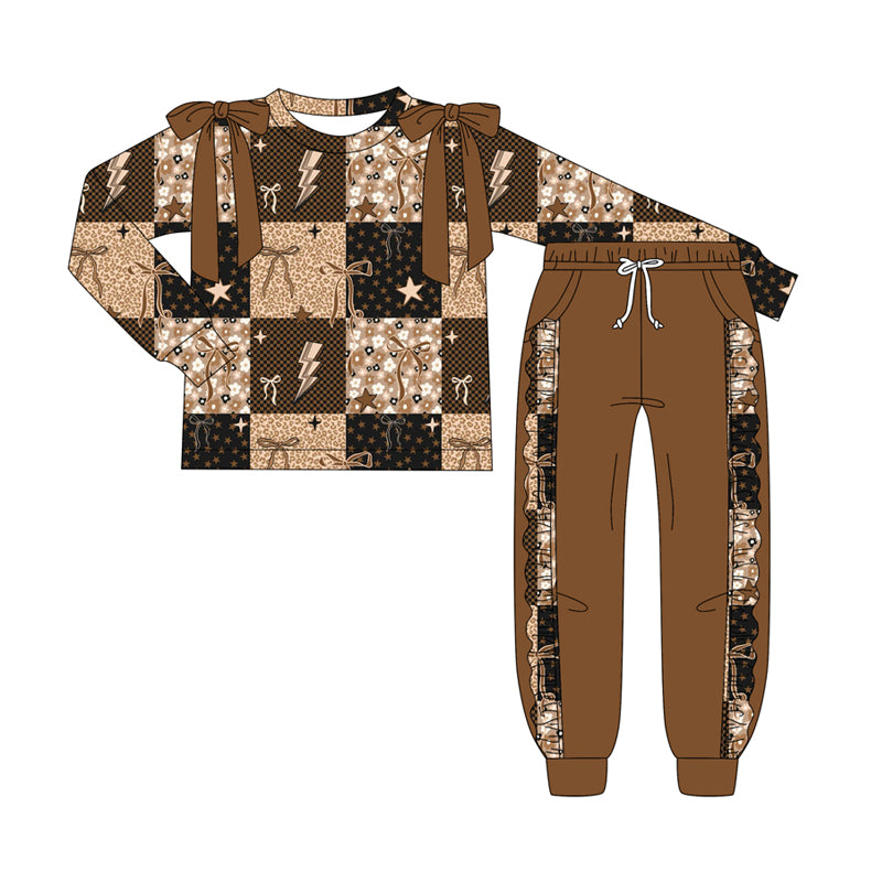 Preorder (moq 5)Baby Girls Long Sleeves Brown Bows Stars Top Pockets Pant Clothes Set