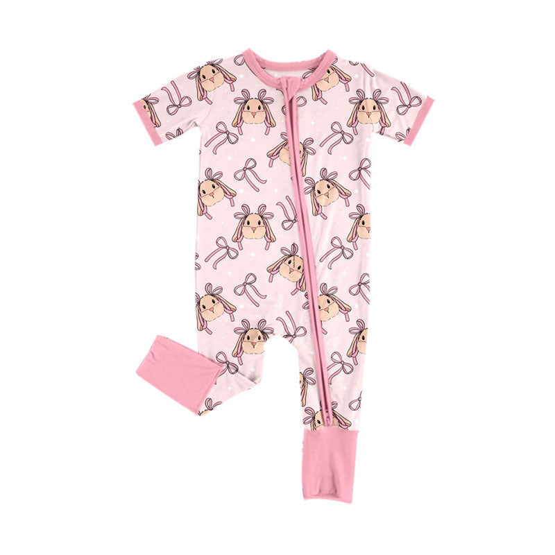 Preorder (moq 5)Baby Girls Short Sleeve Pink Bows Rabbits Easter Zipper Footie Rompers