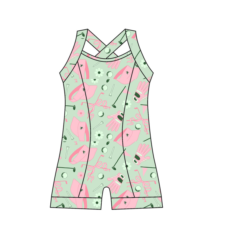 Preorder moq 10 Baby Girls Strap Green Golf Hats Flowers Activity Wear Yoga Jumpsuits