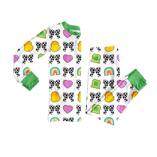 Preorder(moq 8)Baby Girls Long Sleeve Hearts Bows Hats Top Pants St Patrick Pajamas Sets