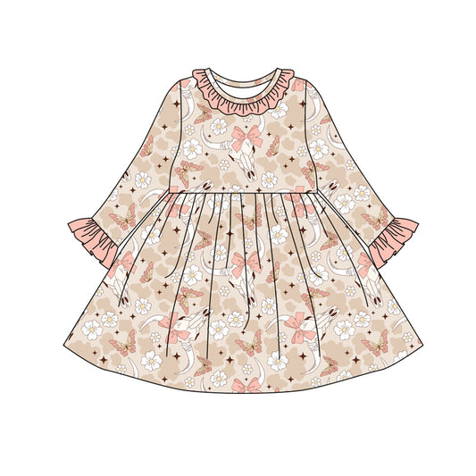 Preorder (moq 5)Baby Girls Peach Camo Bull Skull Flowers Ruffle Knee Length Dresses