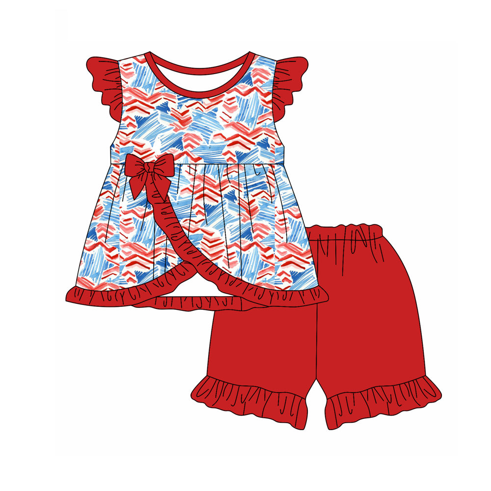 Preorder (moq 5)Baby Girls 4th Of July Stars Tunic Top Ruffle Shorts Clothes Sets