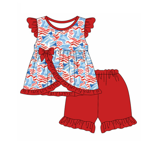 Preorder (moq 5)Baby Girls 4th Of July Stars Tunic Top Ruffle Shorts Clothes Sets