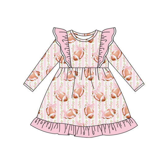 Preorder (moq 5)Baby Girls Pink Long Sleeves Floral Footballs Stripe Knee Length Dresses