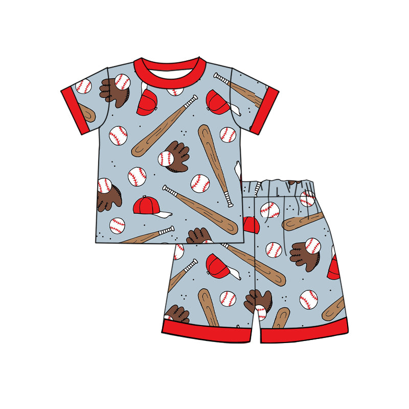 Preorder (moq 5) Baby Boy Clothes Baseball Cap Glove Bat Mixed Print Short Sleeve Tee Shorts Set