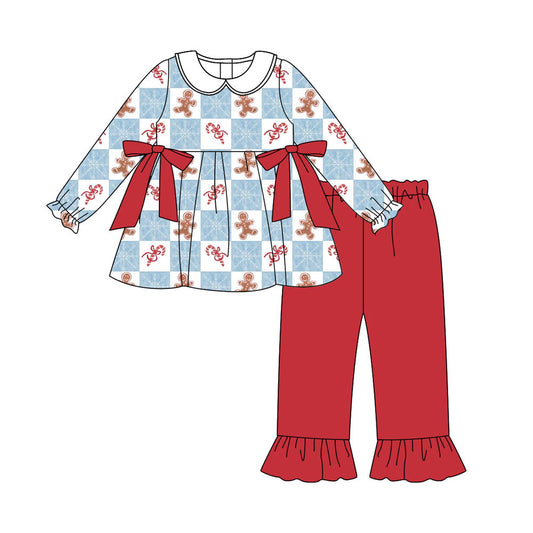 Preorder (moq 5)Baby Girls Gingerbread Candy Cane Tunic Ruffle Pants Christmas Clothes Sets