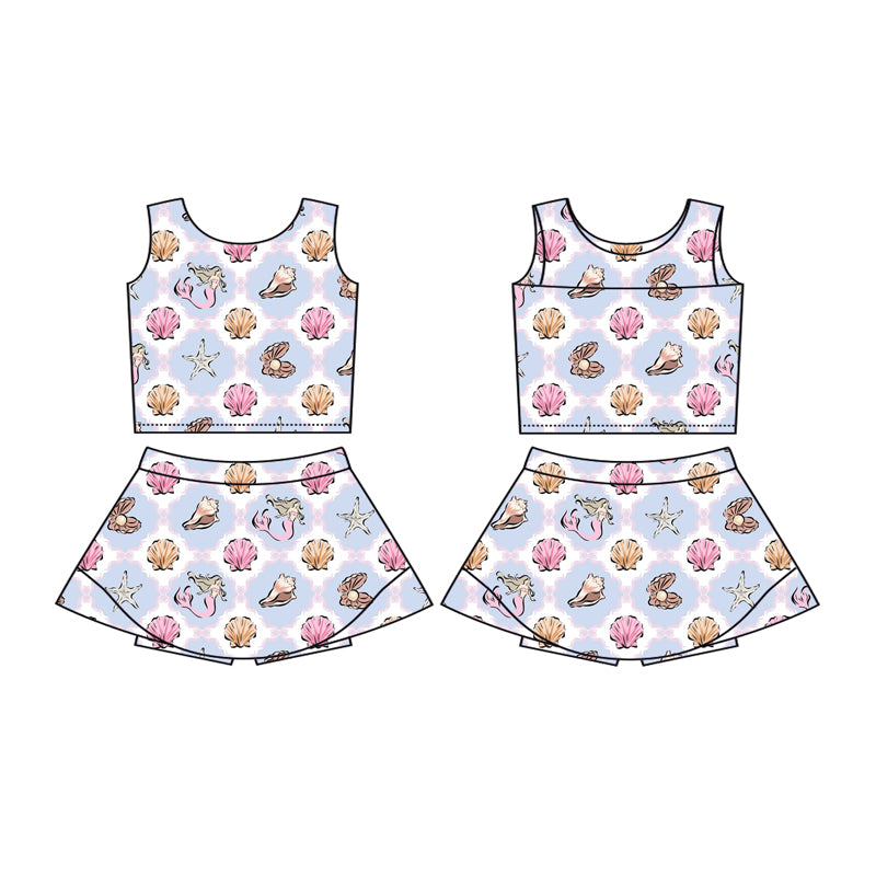 Preorder moq 5 Baby Girls Sleeveless Mermaid Checked Vest Top Skirt Shorts Clothes Set