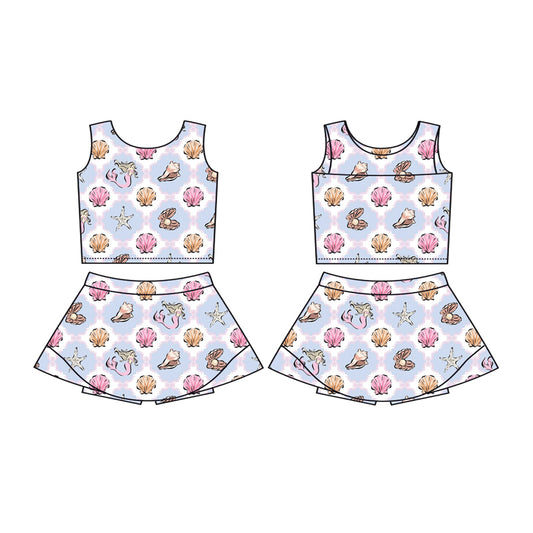 Preorder moq 5 Baby Girls Sleeveless Mermaid Checked Vest Top Skirt Shorts Clothes Set