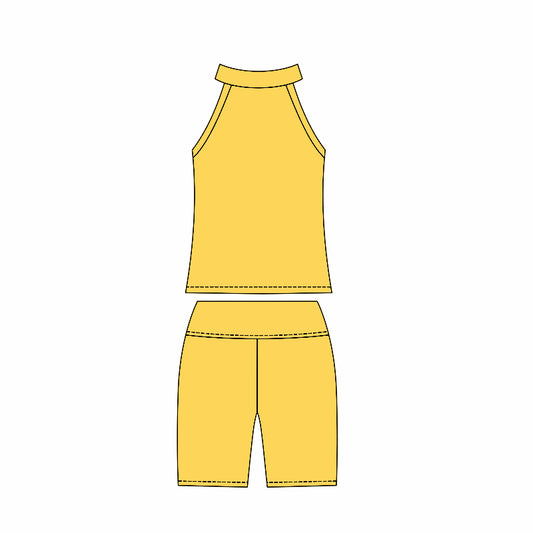 Preorder moq 10 Baby Girls Yellow Sleeveless Activity Wear Vest Top Biking Shorts Yoga Set