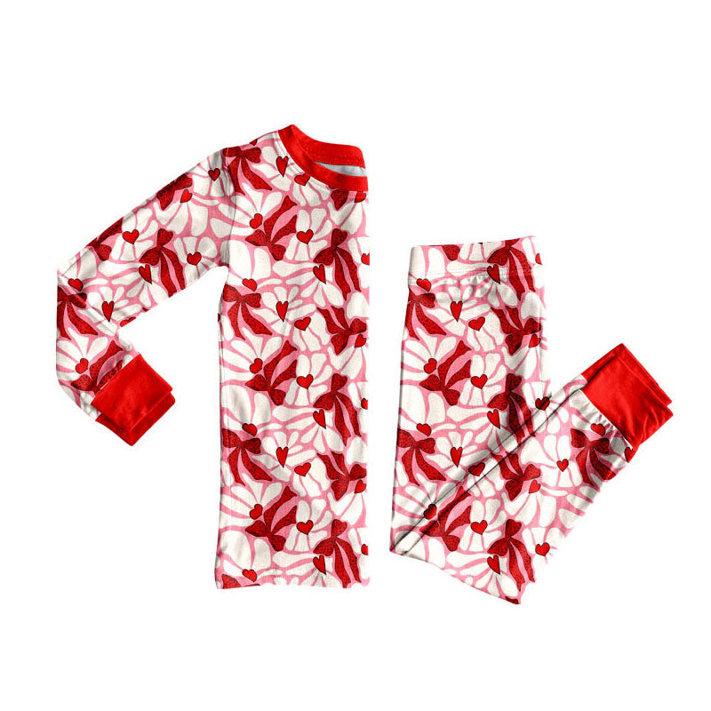Preorder(moq 8)Baby Girls Long Sleeve Red Bows Hearts Top Pants Valentine Pajamas Sets