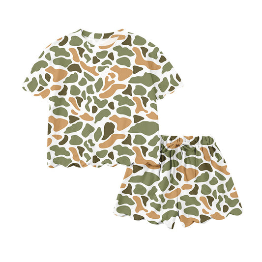 Preorder moq 5 Adult Women Southern Orange Camo Top Scallop Short Clothes Sets