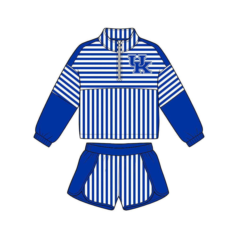 Preorder (moq 5) Girls’ Team Blue Striped Round-Neck Long-Sleeve Top & Matching Elastic-Waist Shorts 2-Piece Set