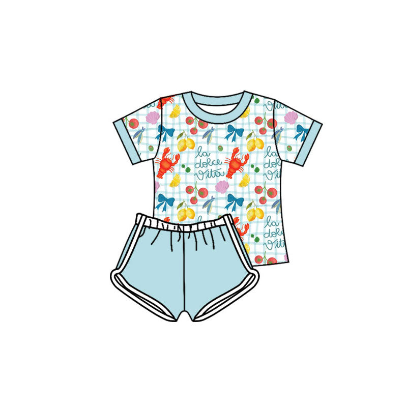 Preorder(moq 5) Baby Girls Crayfishes Lemons Checked Top Shorts Clothes Sets