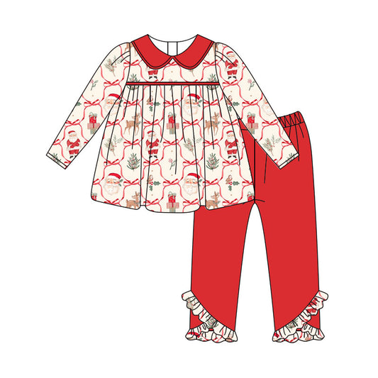 Preorder (moq 5)Baby Girls Bows Santa Checked Tunic Ruffle Pant Christmas Clothes Set
