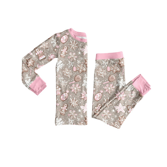 Preorder (moq 5)Baby Girls Pink Long Sleeves Snowflake Gingerbread Top Pant Pajamas Sets