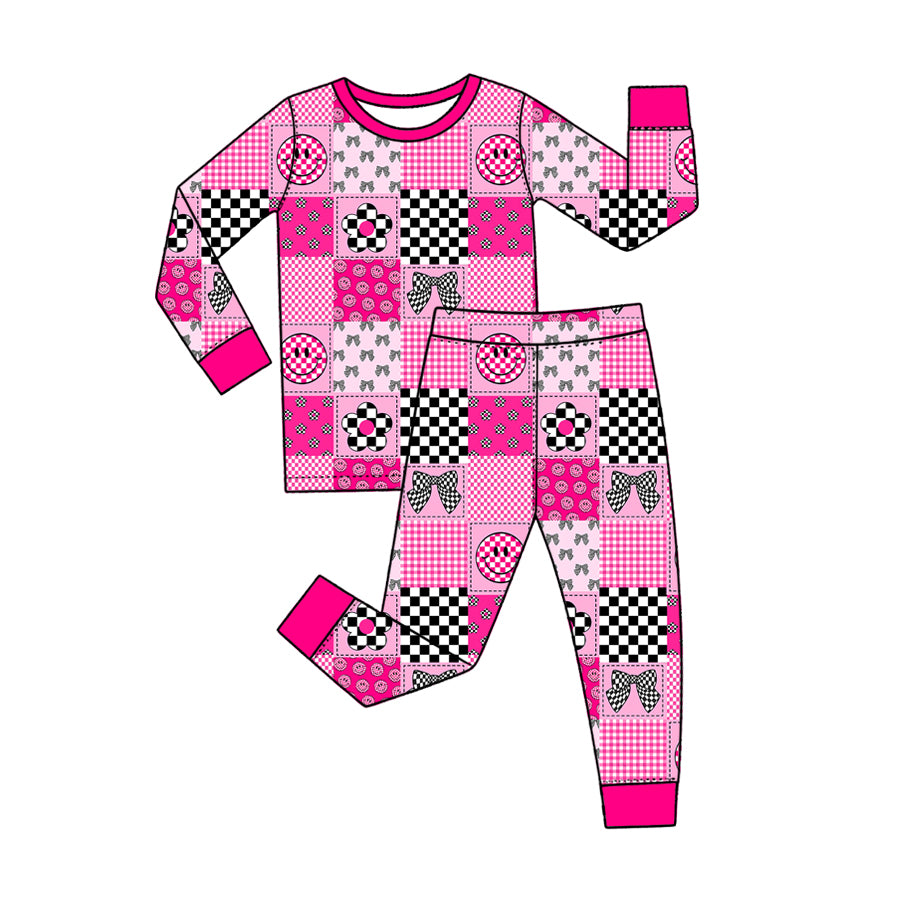 Preorder (moq 5) Baby Girl Clothes Patchwork Check Smile Bow Flower Mixed Print Long Sleeve Top Pant Pajama Set