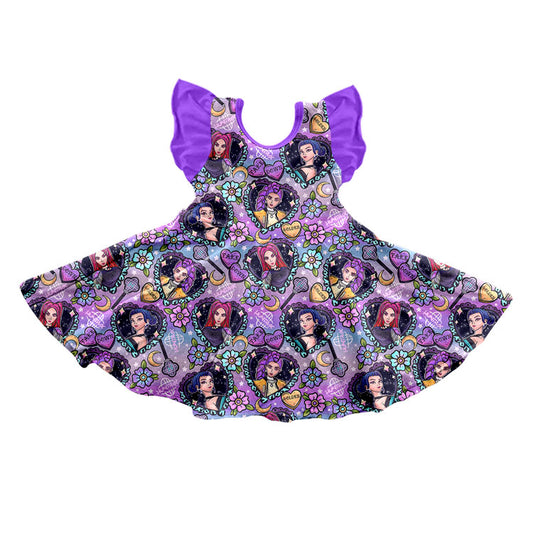 Preorder (moq 5)Baby Girls Purple Flutter Sleeve Hearts Demon Hunter Knee Length Dresses