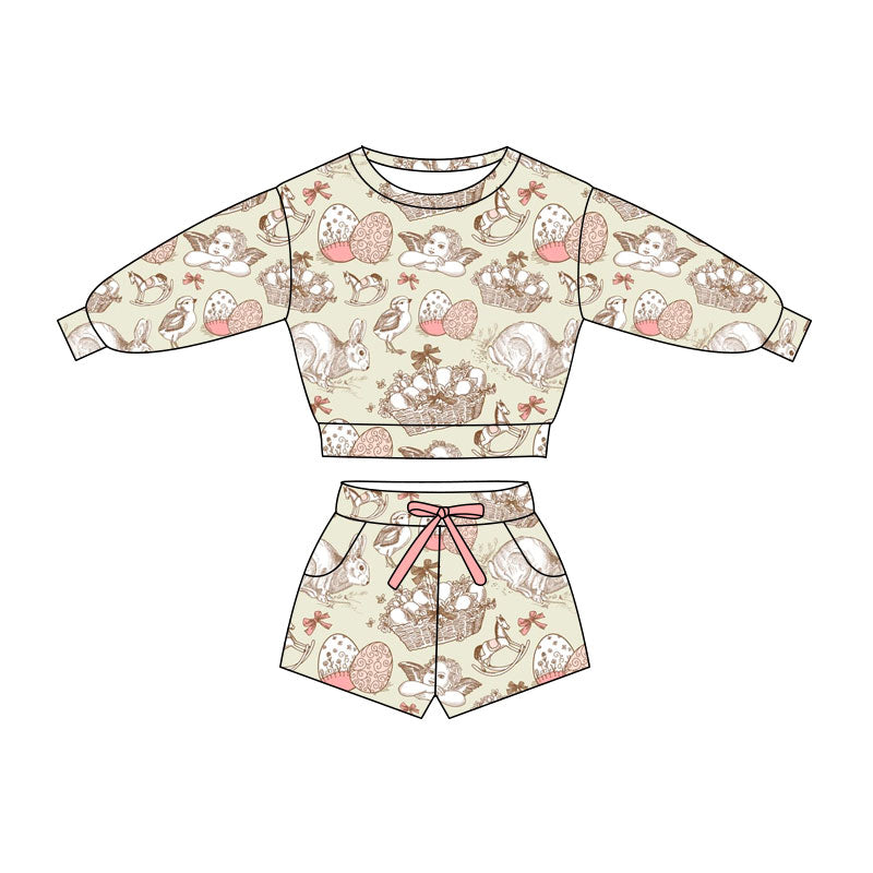 Preorder(moq 5) Baby Girls Angle Rabbits Long Sleeve Top Pockets Shorts Easter Clothes Sets