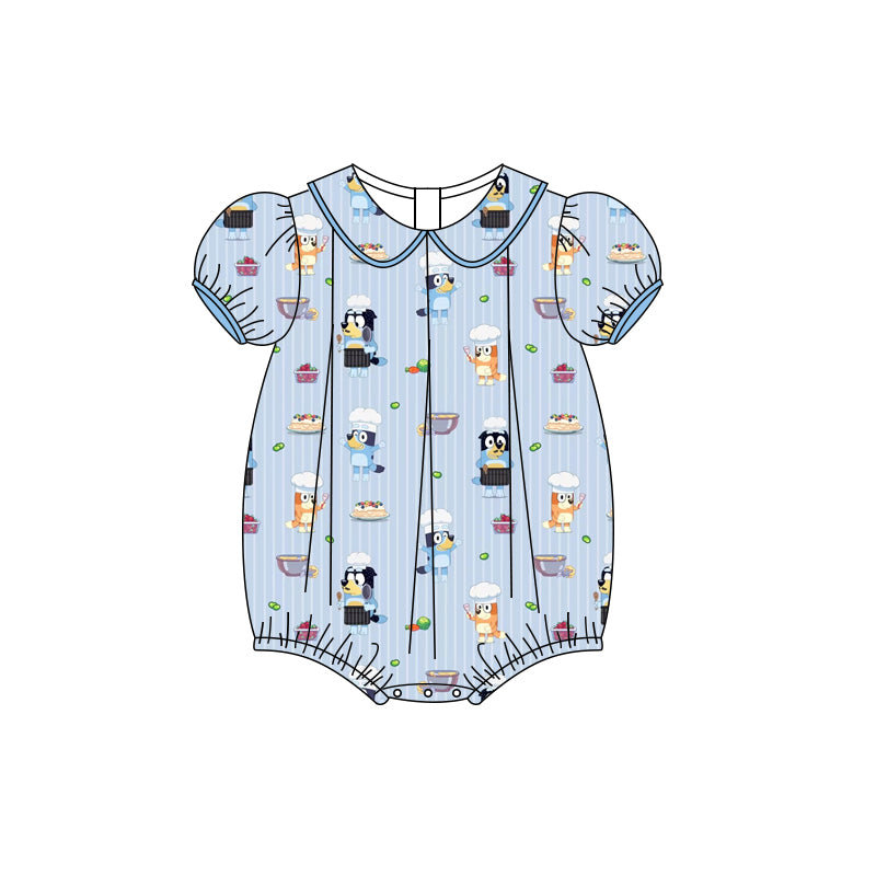 Preorder (moq 5)Baby Girls Blue Stripe Short Ruffle Sleeves Cartoon Dogs Rompers