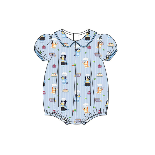 Preorder (moq 5)Baby Girls Blue Stripe Short Ruffle Sleeves Cartoon Dogs Rompers