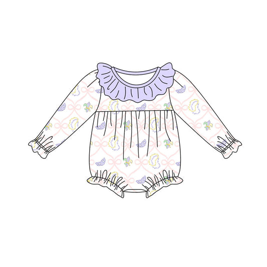 Preorder (moq 5)Baby Girls Bows Masks Checked Mardigras Collar Ruffle Rompers