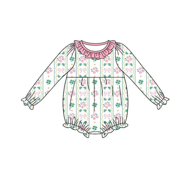 Preorder (moq 5) Baby Girl Clothes St Patrick's Day Clover Floral Bow Striped Print Long Sleeve Ruffle Bubble Romper