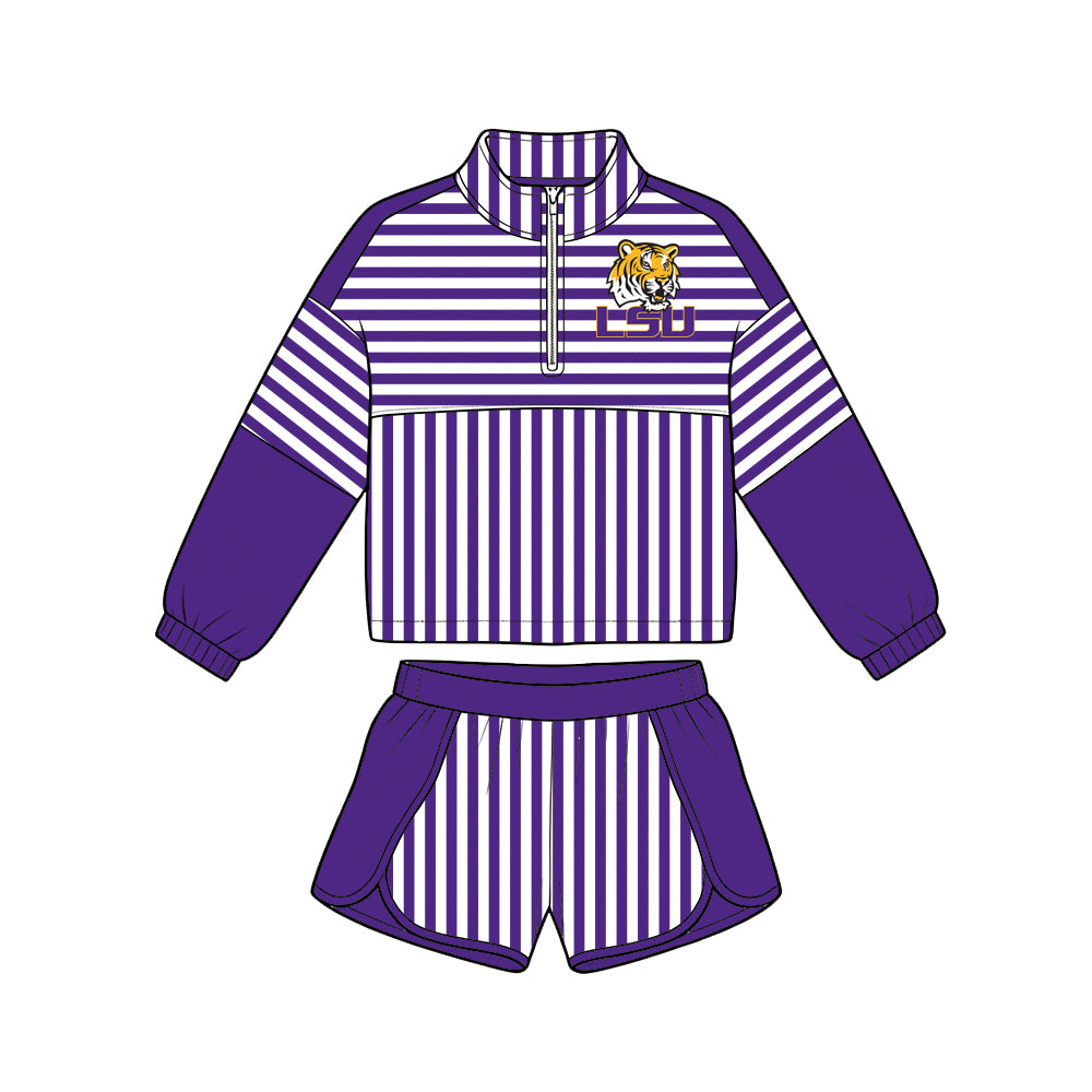 Preorder (moq 5) Girls’ Team Purple Striped Round-Neck Long-Sleeve Top & Matching Elastic-Waist Shorts 2-Piece Set