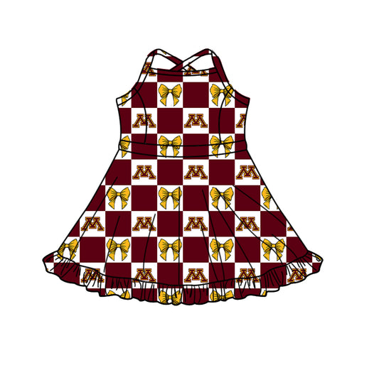 Preorder (moq 5) Baby Girls Strap Bows Minnesota Checked Team Short Knee Length Dress