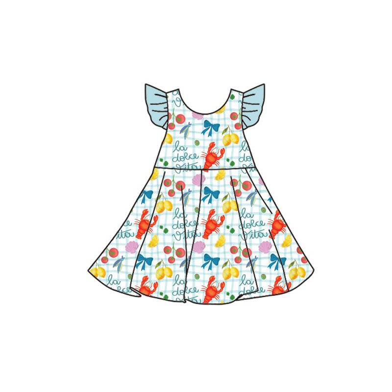 Preorder(moq 5) Baby Girls Flutter Sleeve Crayfishes Lemons Checked Knee Length Dresses