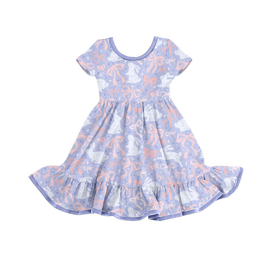 Preorder(moq 5) Baby Girls Lavender Rabbits Bows Easter Ruffle Knee Length Dresses