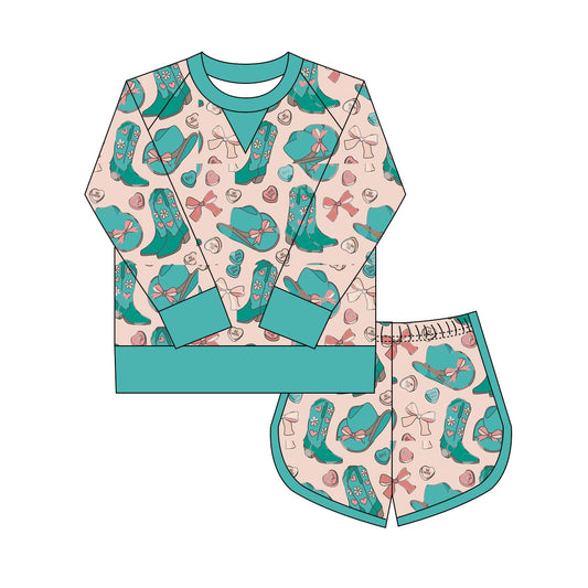 Preorder(moq 8)Baby Girls Boots Hats Hearts Plaid Long Sleeve Top Shorts Western Clothes Set