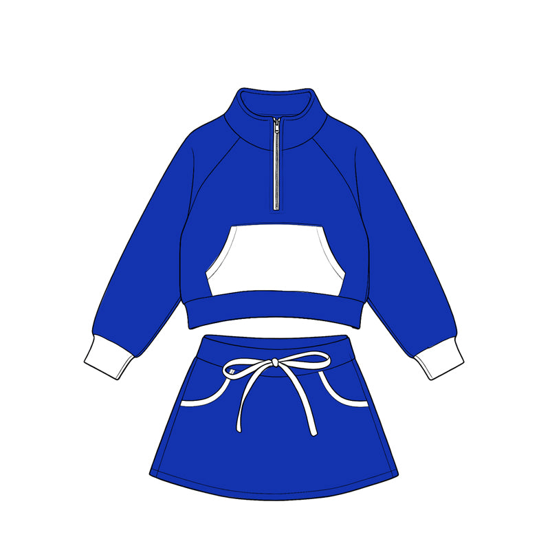 Preorder(moq5) Kids Half Zip Cropped Sweatshirt Skirt 2‑Piece Athletic Outfit
