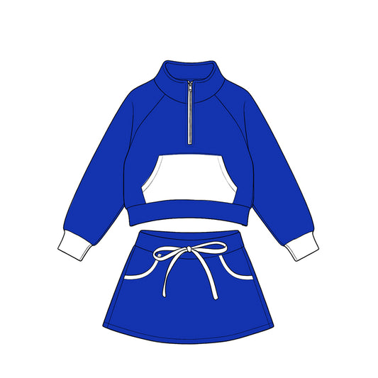 Preorder(moq5) Kids Half Zip Cropped Sweatshirt Skirt 2‑Piece Athletic Outfit