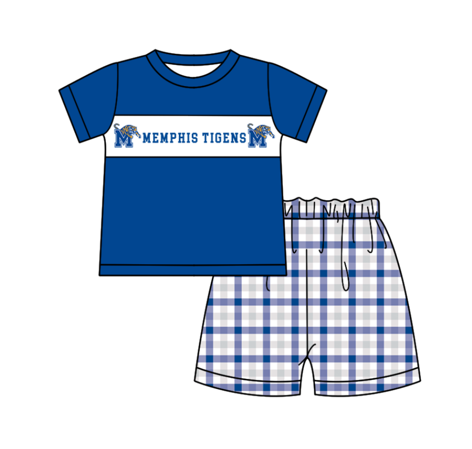 Preorder (moq 5)Baby Boys Memphis Tigers Top Blue Checked Shorts Team Clothes Sets