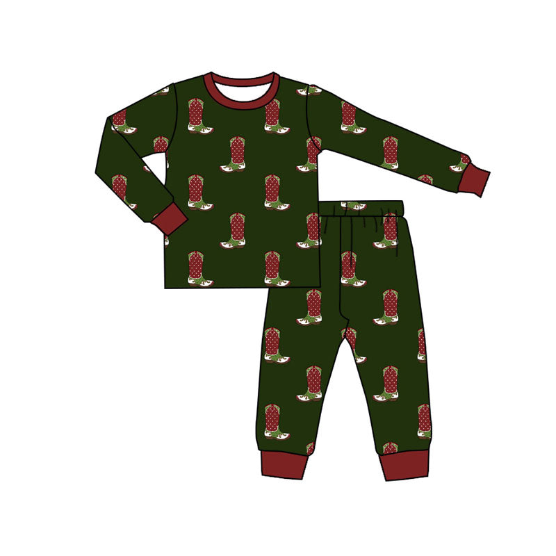 Preorder (moq 5)Baby Boys Dark Green Boots Top Pants Christmas Pajamas Set