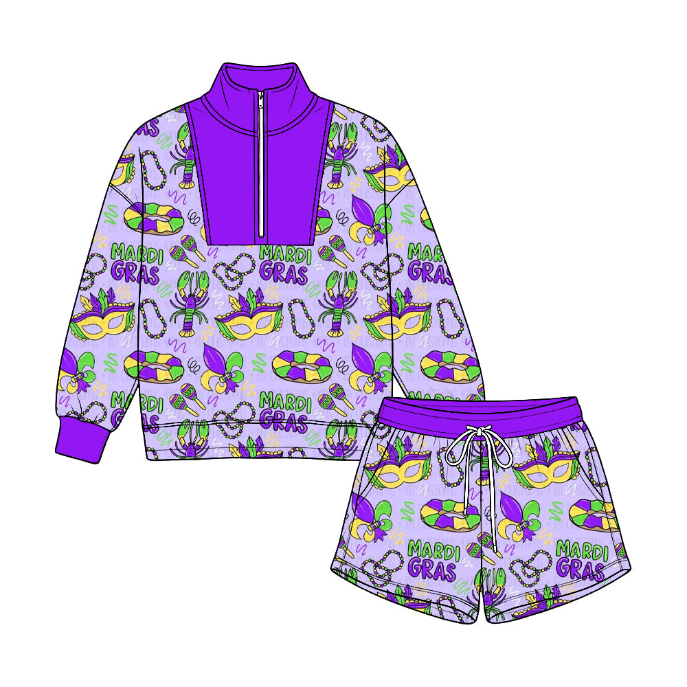 Pre-order(moq5) Kids’ Carnival Half-Zip Top & Shorts 2-Piece Set, Purple Crawfish Mask Print Festival Outfit