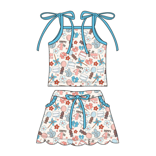 Preorder moq 5 Baby Girls Strap Popsicle Stars Top Pockets Scallop Skirt Short 4th of July Clothes Sets