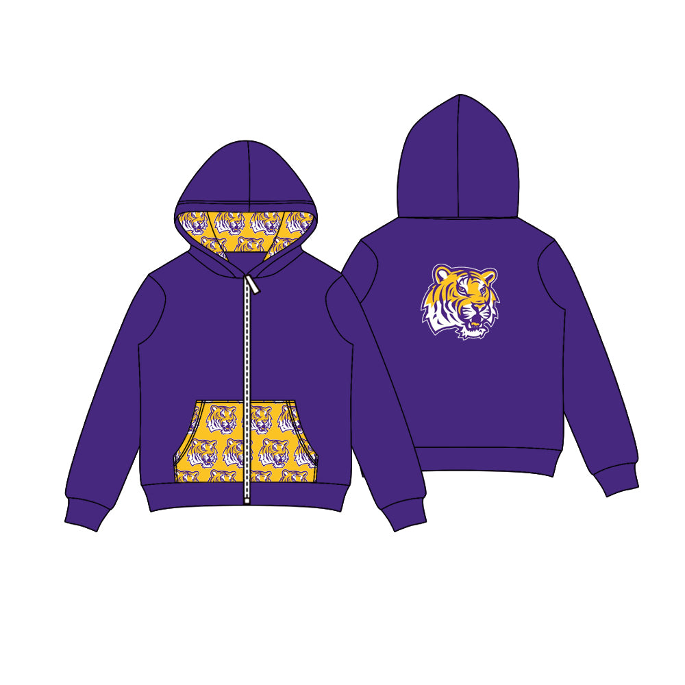 Preorder (moq 5)Baby Boys Purple Tigers Team Pocket Zipper Hoodies Tops