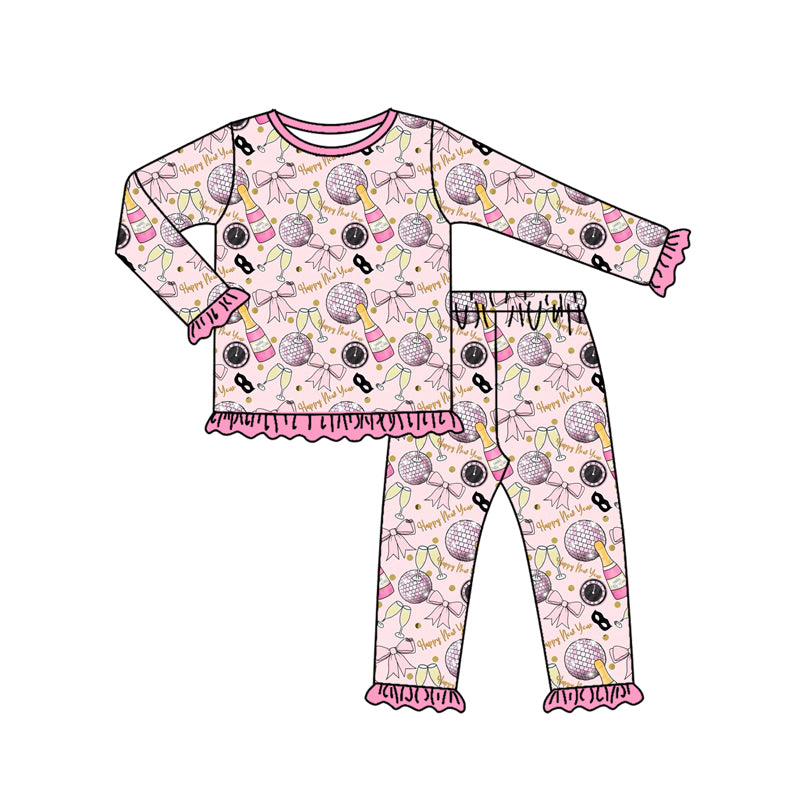 Preorder (moq 5)Baby Girls Happy New Year Top Ruffle Pant Pajamas Set