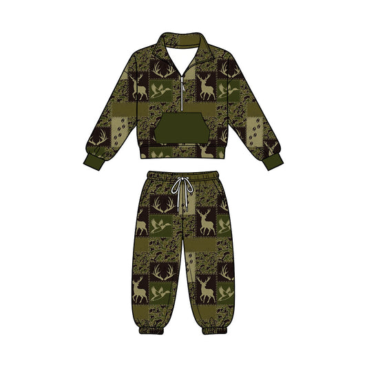 Preorder (moq 5)Baby Girls Deer Ducks Camo Zip Pullover Pockets Pants Hunting Clothes Sets